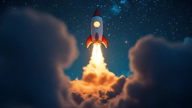 The startup business concept of a rocket being launched into space is similar to a growing business and rapid business success. 4k video