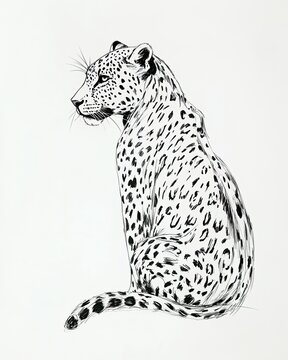 Pen and ink illustration of a leopard sitting gracefully