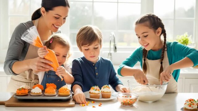 Mother, two boys, and a girl decorating Thanksgiving cupcakes with frosting, sprinkles, and candy corn, a family kitchen activity video.