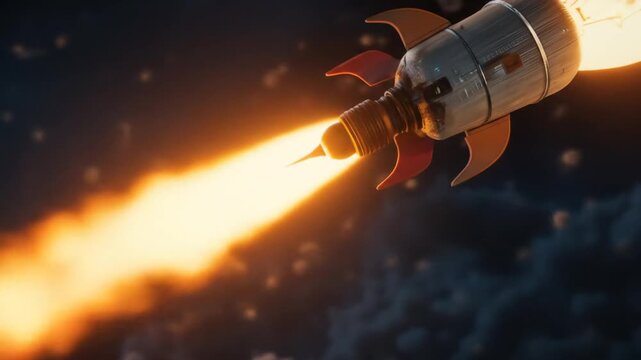 The startup business concept of a rocket being launched into space is similar to a growing business and rapid business success. 4k video