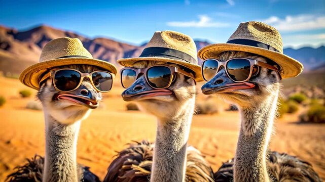 Three ostriches wearing hats and sunglasses in a desert landscape.