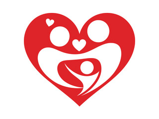 A stylized red heart encloses a loving family of three figures, representing unity and care.