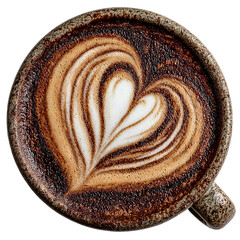 A latte with intricate heart-shaped foam art, isolated on white, photorealistic