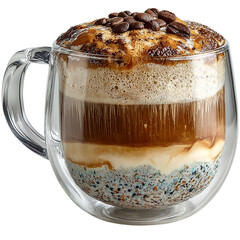A modern glass coffee mug with layered latte, isolated, white background