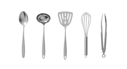 Sleek silver kitchen utensil set for chefs cooking creations and culinary design projects with modern kitchenware style