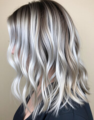 Naklejka premium Close-up of wavy hair with silver, gray, and brown tones, showcasing glossy, defined strands against a muted beige background.