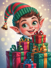 Naklejka premium Cheerful Christmas elf with a striped hat and presents cartoon illustration for holiday greeting cards and festive designs