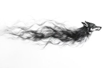Fototapeta premium Artistic black and white wolf with flowing fur illustration on white background