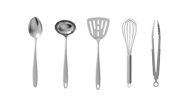 Sleek silver kitchen utensil set for chefs cooking creations and culinary design projects with modern kitchenware style