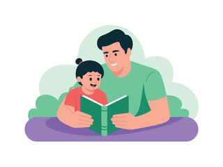 A father and daughter are reading a book together in a park.