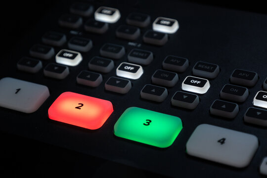 Modern video mixing console used in live broadcast and studio environments, showcasing advanced audiovisual technology.