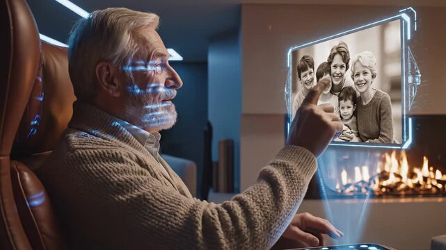 older gentleman viewing photos digitally, elderly man relaxes by fireplace with digital album, senior gentleman browsing family images on advanced holographic interface while seated