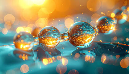 Molecular Marvel: A macro shot showcases a captivating chain of reflective, translucent spheres, illuminated by ethereal light, embodying innovation and scientific wonder.