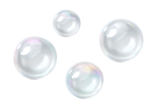 Four translucent, iridescent soap bubbles against a black background.  They vary in size and display subtle, colorful reflections