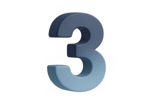 Bold 3d number three displaying a cool blue gradient on a transparent background, symbolizing achievement and countdown