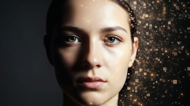 Woman&rsquo;s face dissolving into particles in darkness, symbolizing inner disintegration and psychological struggle, concept video about anorexia, mental health, identity loss, depression, eating disorder