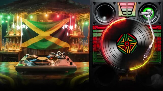 Reggae Radiola DJ Setup, Colorful Lights and Vinyl Record Mood - Setup de DJ radiola reggae com luzes coloridas e&nbsp;clima&nbsp;de&nbsp;vinil