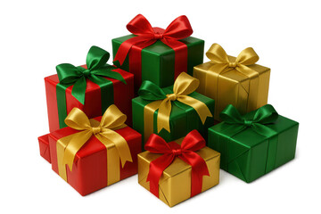 Fototapeta premium Group of vibrant red, green, and gold wrapped gifts, decorated with satin bows, celebrating events on transparent background