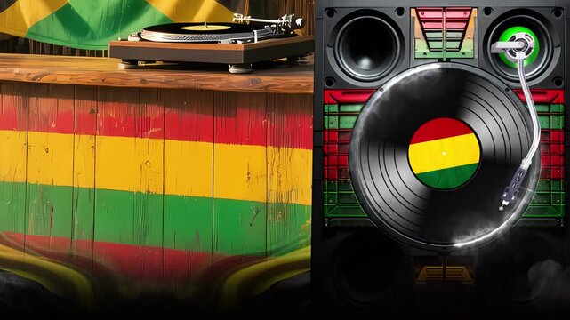 Reggae Party Club Scene with Vinyl Record and Jamaican Colors - Cena de clube reggae com disco de vinil e cores jamaicanas
