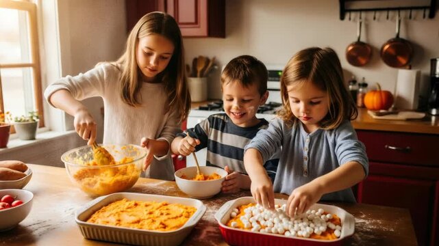 Kids preparing Thanksgiving Day sweet potato casserole with marshmallow topping, mixing ingredients in home kitchen footage.