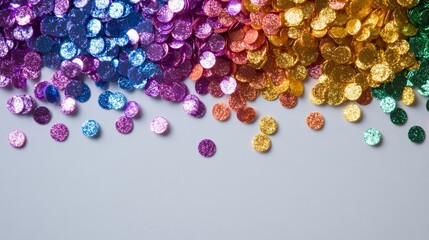 Colorful glitter scattered playfully across a light gray background