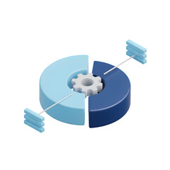 3d pie chart with gears and connecting lines isolated on transparent background