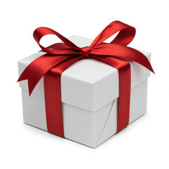 Obraz premium Elegant white gift box with a red satin ribbon isolated on a white background perfect for holiday and special occasion concepts