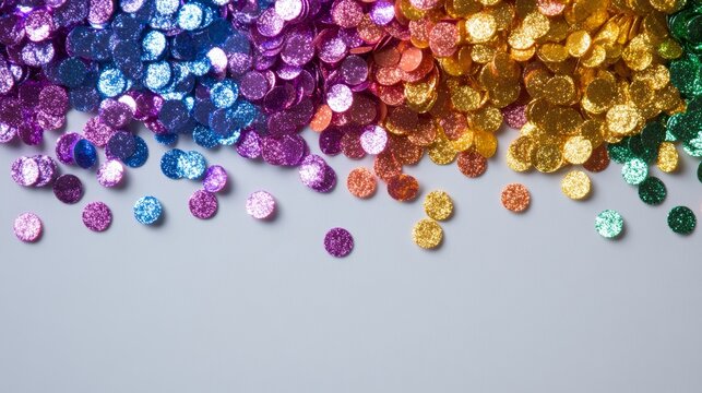 Colorful glitter scattered playfully across a light gray background