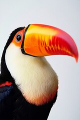 Naklejka premium Colorful Toucan Portrait Close-up with Massive Beak Detail Isolated on Bright Background