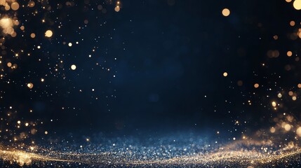 Shimmering deep navy blue background with golden sparkling particles and radiant light effects for elegant decorative purposes