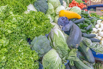 Colorful display of fresh vegetables at the Otavalo market, one of the largest and most traditional markets in Ecuador.