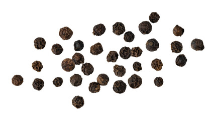 Dried black pepper berries closeup flying isolated on white background. Aromatic spicy ingredient for cuisine.