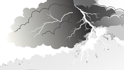 Illustration of a stormy sky with dark clouds and a bright lightning strike in black and white tones vreated with genrated ai