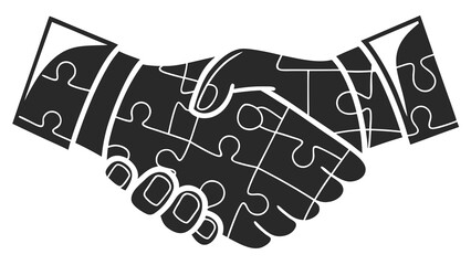 Handshake composed of puzzle pieces symbolizing partnership and collaboration in black and white theme vreated with genrated ai