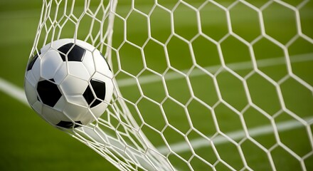 Close-up of a soccer ball in a net with a blurred green field background football goal