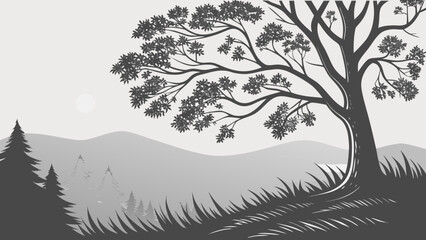 A grayscale drawing of a large tree with mountains and grass in the background on a cloudy day scene vreated with genrated ai