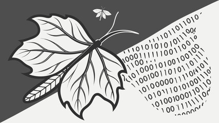 Illustration featuring a leaf and a moth with binary code on a split black and white background design vreated with genrated ai