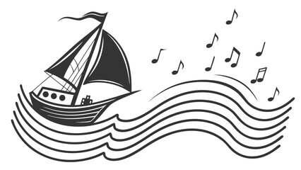 Illustration of a sailboat on wavy lines with musical notes floating above the waves and the vessel vreated with genrated ai