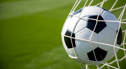 Close-up of soccer ball in goal net with blurred green field football scoring