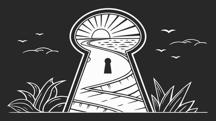 Illustration of a keyhole revealing a path to the sea under a rising sun with birds flying above vreated with genrated ai