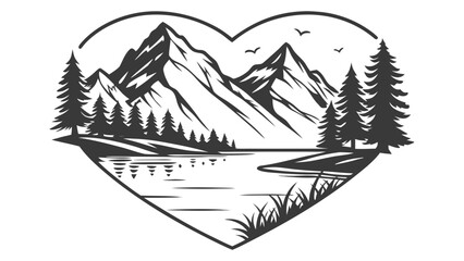 Heart shaped mountain landscape with trees lake and birds in black and white vector illustration vreated with genrated ai