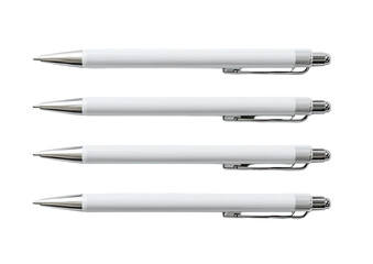 Four white ballpoint pens arranged in a row.  Each pen has a smooth, uniform white body, with a slightly darker gray/silver colored clip and tip.  They are positioned horizontally, slightly angled