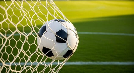 Soccer ball in net with green field and stadium lights in background football goal