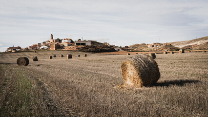 Countryside scene with straw bales in the foreground and a small village on the hill under a cloudy sky.