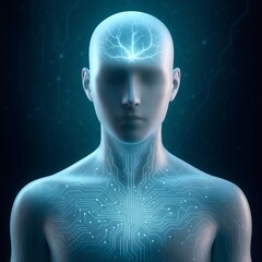 Faceless genderless human with glowing neural network and digital body. A striking vision of the future where identity blurs into technology.