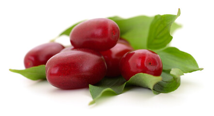 Fresh cornelian cherries with green leaves isolated on white background