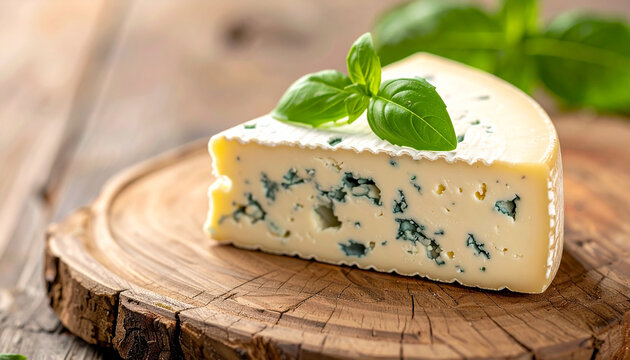 Dorblu blue cheese on rustic wooden board, wedge cut with blue mold, fresh basil leaf on top
