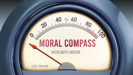 Moral Compass and Integrity Meter that hits less than zero, showing an extremely low level of moral compass, none of it, insufficient. Minimum value, lack of moral compass. ,3d illustration