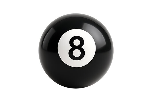 3d render of classic glossy black magic eight ball with number 8 in a white circle prediction and fortune telling isolated on transparent background