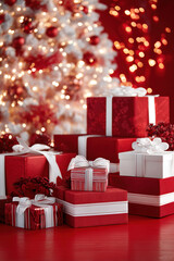 Stack of Christmas presents with ribbons on red background	
